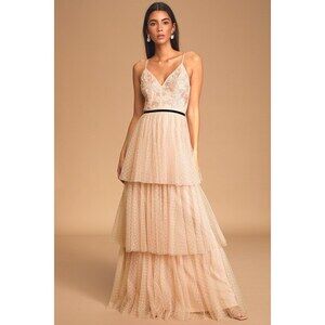 Romantic Blush Pink Embroidered Lace Tiered Maxi Dress - Size S